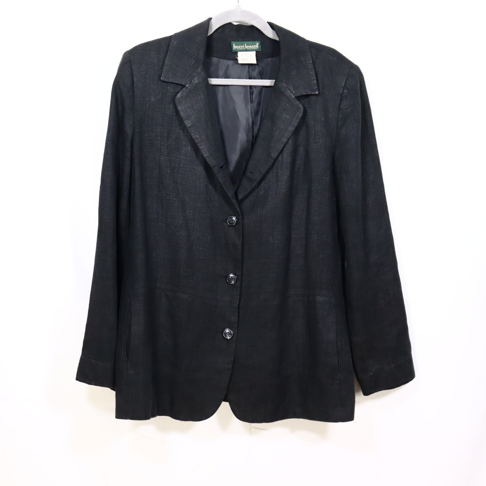 Harve Benard Linen Blazer 12 Black Womens Button Front Professional Jacket